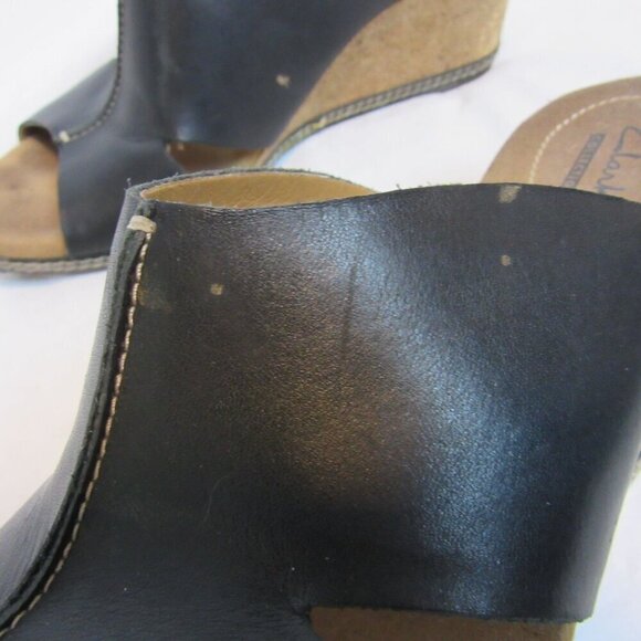 Clarks Collection Soft Cushion Black Leather Slip-On Cork Wedge Heel Sandals 9.5 - Picture 5 of 9